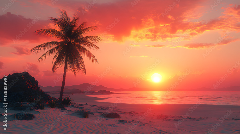A serene beach scene at sunset with a palm tree and rocky formations. A serene beach scene at sunset with a palm tree and rocky formations.