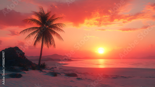 A serene beach scene at sunset with a palm tree and rocky formations.