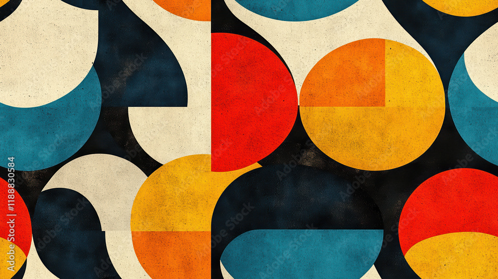 Seamless retro circular pattern combining vibrant reds, blues, and yellows, ideal for adding a nostalgic yet modern aesthetic to design work.