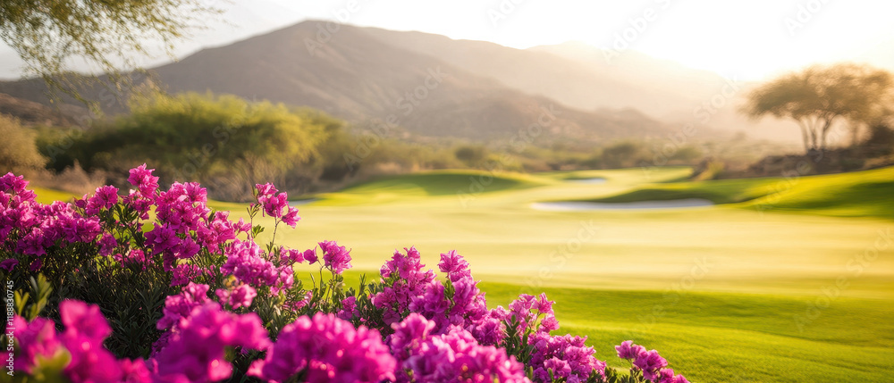 Obraz premium Picturesque golf course with flowering shrubs and scenic mountains, creating serene atmosphere