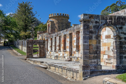 Cuadro en lienzo Historic stone building with arches and tower in Port Arthur, Tasmania, Australi