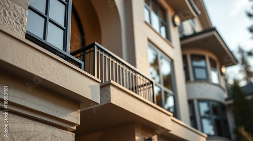 Modern Architectural Design: Luxury Home Exterior with Balcony and Large Windows photo