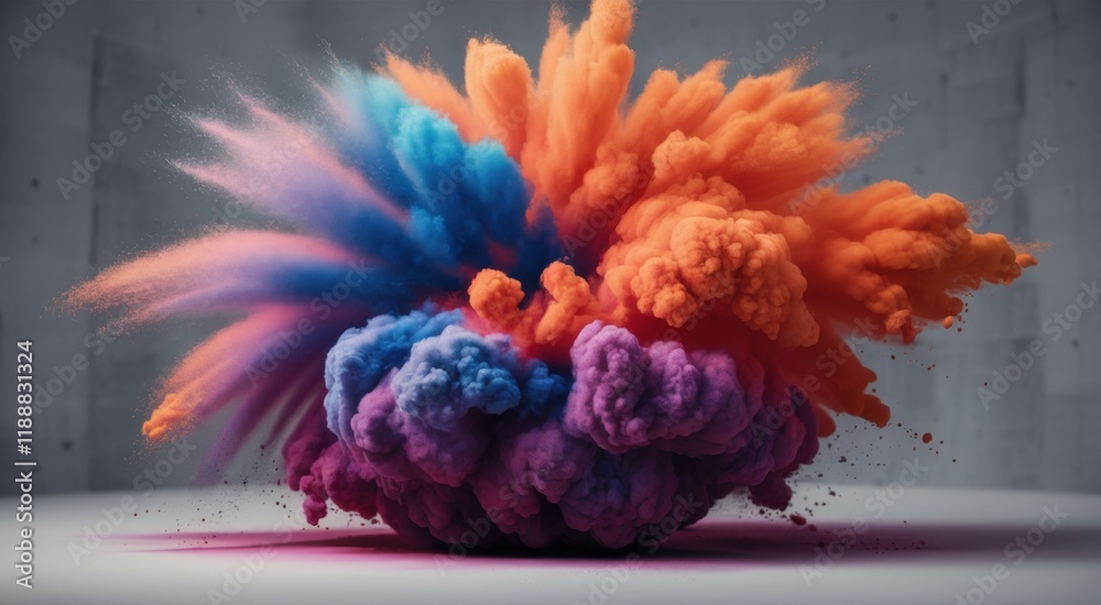 Fototapeta premium Explosive colorful powder cloud, vibrant hues, orange blue pink, dynamic motion, high-speed photography, paint powder, abstract art, dramatic lighting, dark background, particles in mid-air, frozen mo