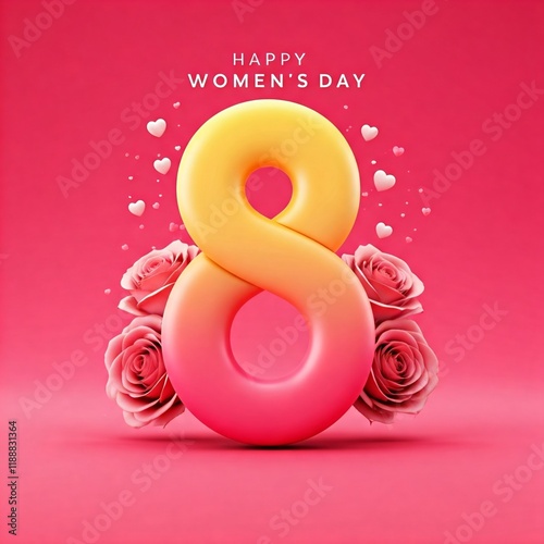 Happy World Women's Day. 3D illustration number 8 gradient. Rose background.