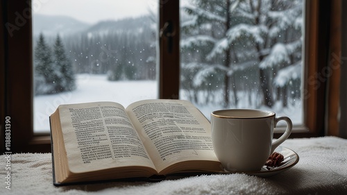 Open book and tea cup by winter window with snowy view