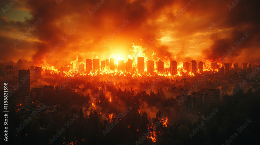 Fototapeta premium Stunning image of a city on fire at night, with flames consuming the skyline, illustrating the catastrophic effects of a forest fire nearby, surrounded by thick smoke and a dramatic glow.