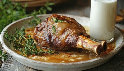 lamb shank on a rustic plate, beautifully plated with a glass of fresh milk, surrounded by an assortment of fresh herbs and spices photo