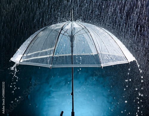 Transparent umbrella under rain against water drops splash background. Rainy weather concept.
