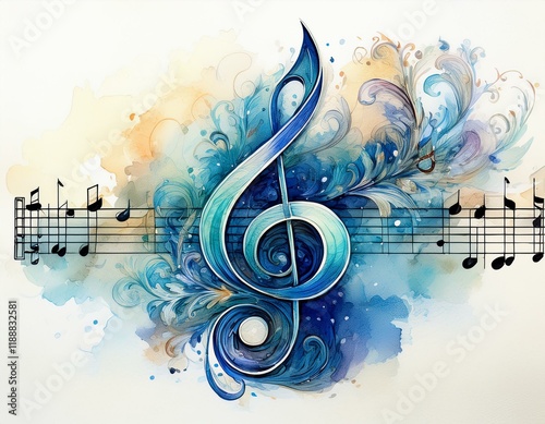 Treble key, treble clef illustration watercolor blue note, range, music