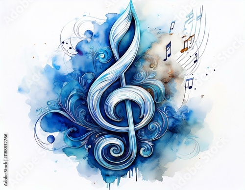 Treble key, treble clef illustration watercolor blue note, range, music