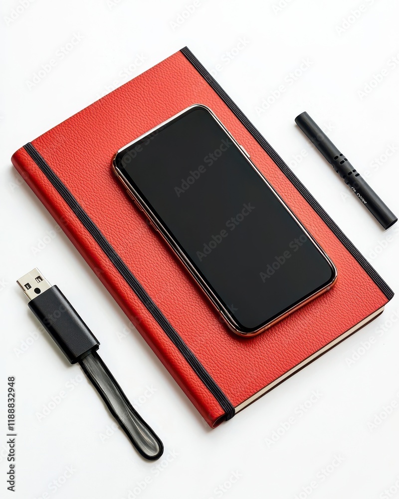 A stylish red notebook, smartphone, USB cable, and pen arranged neatly, showcasing a modern workspace aesthetic. A stylish red notebook, smartphone, USB cable, and pen arranged neatly, showcasing a modern workspace aesthetic.