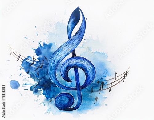 Treble key, treble clef illustration watercolor blue note, range, music