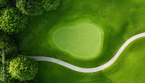 Aerial view of golf course with green area and winding path