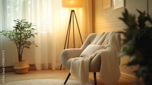 A designer arranging a cozy reading nook with a comfortable armchair, soft throw blanket, and a dimly lit floor lamp in a quiet, serene corner photo