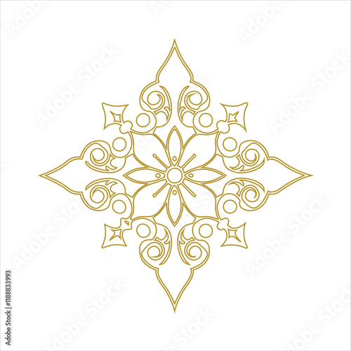 A vector illustration of a mandala silhouette with a white background. The mandala has a circular pattern with multiple layers of interlocking geometric shapes, including triangles, squares, and circl