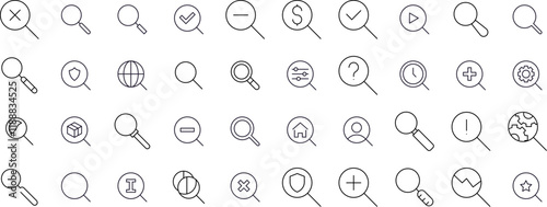 Magnifying Glass Line Icon Set. Outline Signs for Graphic and Web Design, Apps, Adverts, Various Cards