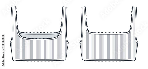 Crop Top technical fashion illustration. Sports Bra fashion flat technical drawing template, square neck, ribbed, slim fit, front and back view, white, women Top CAD mockup.