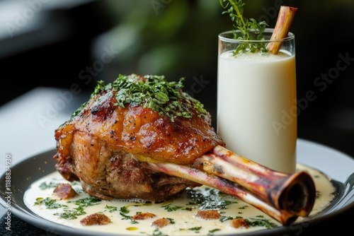 lamb shank on a rustic plate, beautifully plated with a glass of fresh milk, surrounded by an assortment of fresh herbs and spices photo