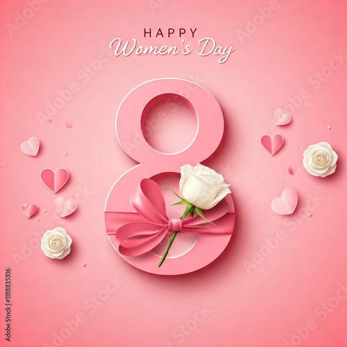 Happy World Women's Day, number 8 with white rose inside. tied ribbon bow.