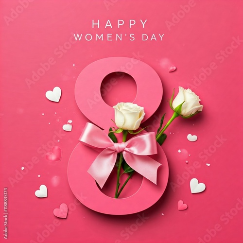 Happy World Women's Day, number 8 with white rose inside. tied ribbon bow.