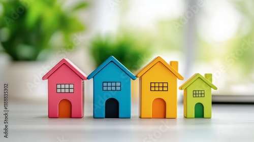 Vibrant miniature houses in a row, symbolizing home ownership dreams. photo