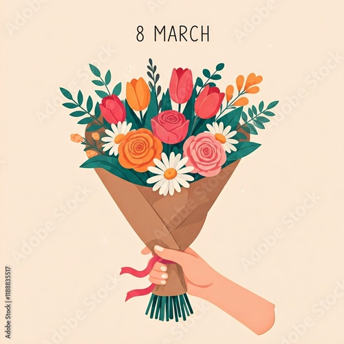 Happy World Women's Day, card, bouquet and hands