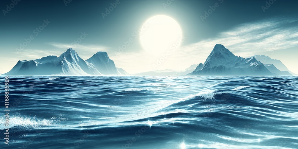 Serene Ocean Landscape Majestic Mountains and Calm Waves Under a Bright Sun Serene Ocean Landscape Majestic Mountains and Calm Waves Under a Bright Sun