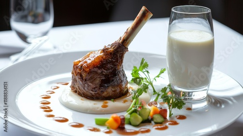 lamb shank on a rustic plate, beautifully plated with a glass of fresh milk, surrounded by an assortment of fresh herbs and spices photo