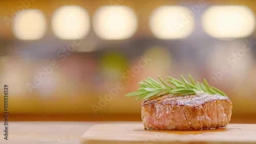 bold close up of rare grilled marbled steak garnished with fresh herbs, showcasing its juicy texture and rich flavor photo