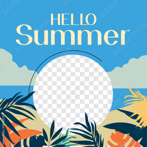 Summer holiday greetings vector with travel bag umbrella swimming circle tropical leaves celebration