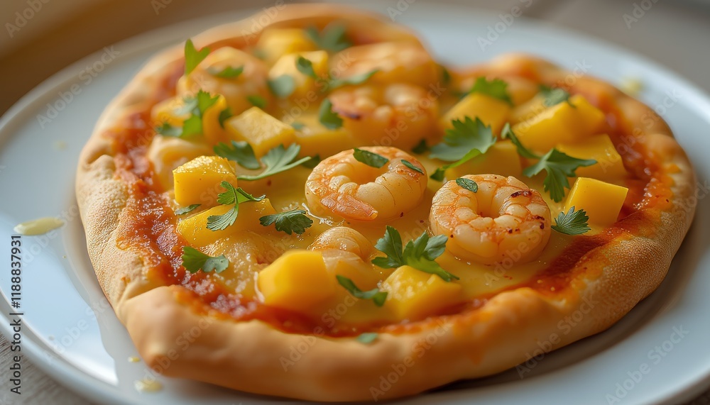 Heart-shaped pizza with shrimp, mango, and parsley. Heart-shaped pizza with shrimp, mango, and parsley.
