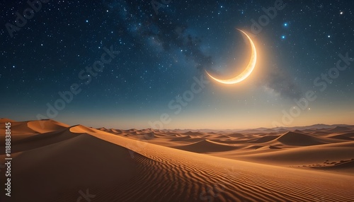 Fototapeta Naklejka Na Ścianę i Meble -  Majestic starry sky with glowing crescent moon over sand dunes for peaceful Ramadan visuals. Perfect for spiritual campaigns, greeting cards, or travel-themed banners.