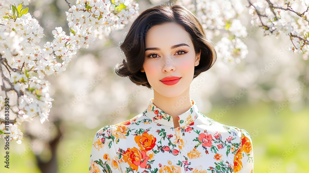 Beautiful woman in floral dress standing among blooming cherry blossoms in vibrant spring garden Beautiful woman in floral dress standing among blooming cherry blossoms in vibrant spring garden
