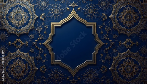 Decorative Islamic geometric patterns in gold and blue for Ramadan branding and modern designs. Ideal for luxury stationery, digital banners, or premium branding visuals.