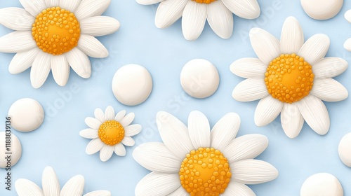 Colorful daisy flower pattern with cream circles on a soft blue background for vibrant designs