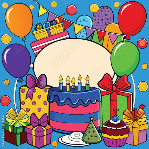 Bubbly Balloon Bash, Birthday decoration, Colorful candle, Cake,