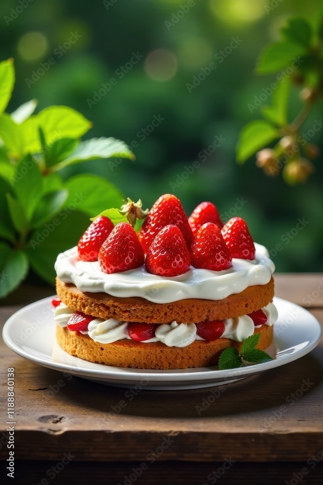 Fresh strawberries and whipped cream atop a delicious strawberry cake on a rustic wooden table amidst lush greenery, outdoor dining, fresh fruit Fresh strawberries and whipped cream atop a delicious strawberry cake on a rustic wooden table amidst lush greenery, outdoor dining, fresh fruit