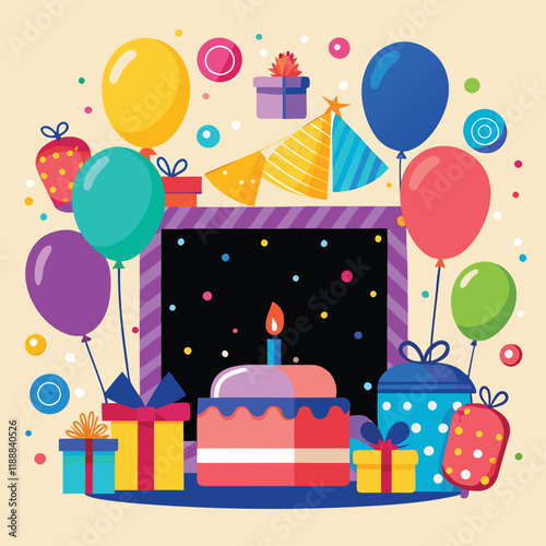 Bubbly Balloon Bash, Birthday decoration, Colorful candle, Cake, and balloons Party Celebration.