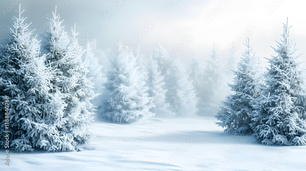 A winter scene captures a white forest blanketed in snow, perfect for Christmas. A winter scene captures a white forest blanketed in snow, perfect for Christmas.