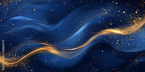 This exquisite abstract background features a blend of blue and gold tones, with flowing textures and shimmering splashes, ideal for luxurious visuals in any artistic project or celebration
