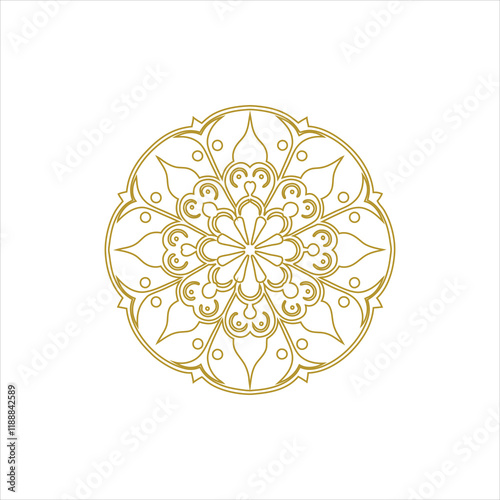 A vector illustration of a mandala silhouette with a white background. The mandala has a circular pattern with multiple layers of interlocking geometric shapes, including triangles, squares, and circl