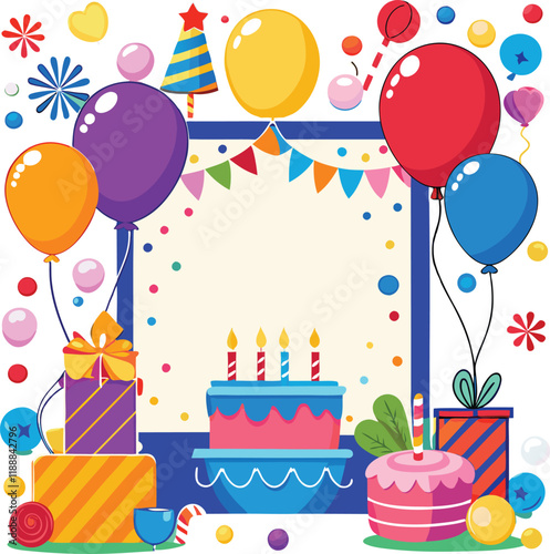 Bubbly Birthday Bash, Birthday decoration, Colorful candle, Cake, and balloons Party Celebration.