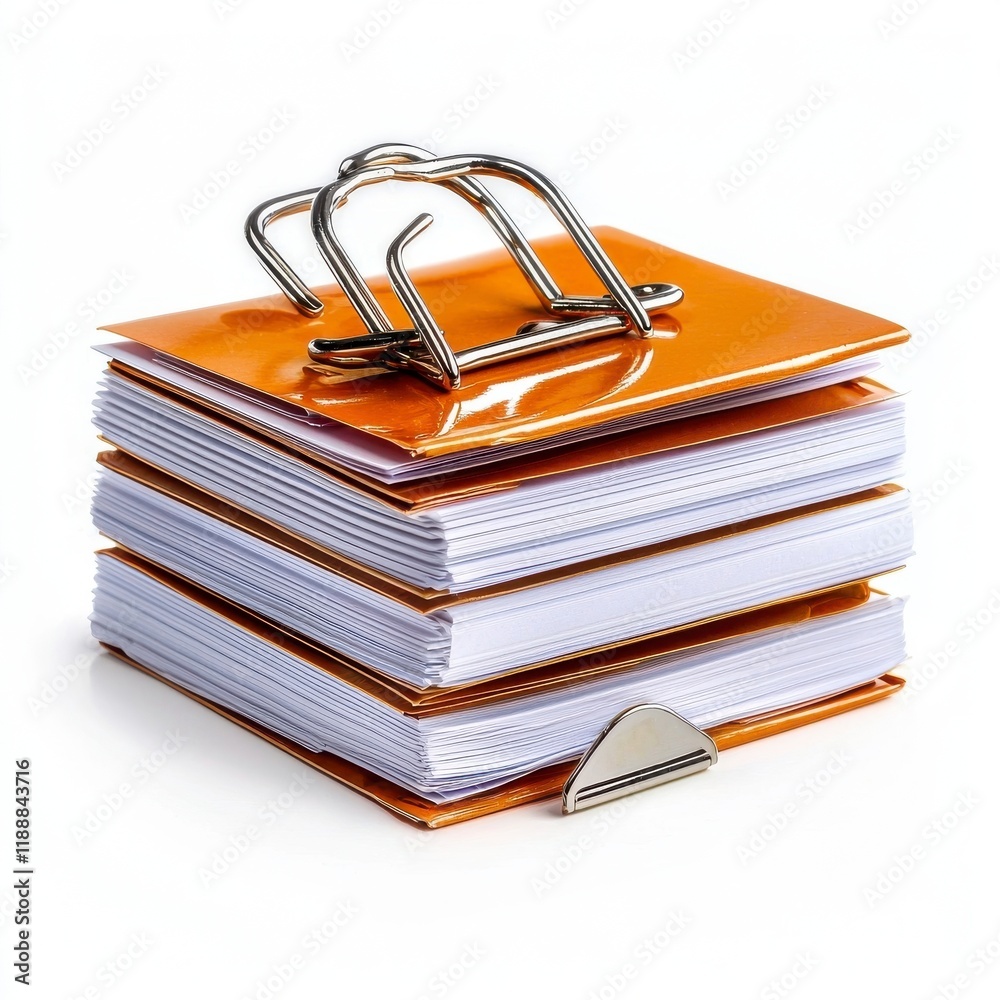 A stack of orange binders neatly organized, showcasing a metal binder clip on top, perfect for office or school use. A stack of orange binders neatly organized, showcasing a metal binder clip on top, perfect for office or school use.