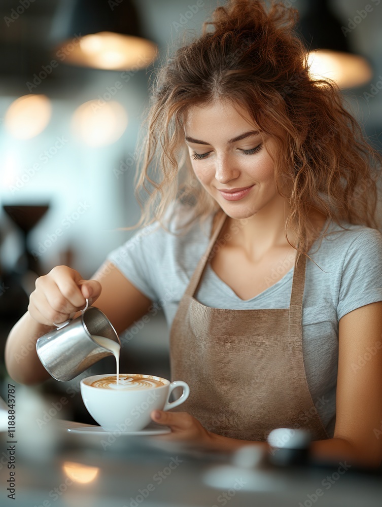 Barista crafting a cappuccino with latte art in a cafe setting. Barista crafting a cappuccino with latte art in a cafe setting.