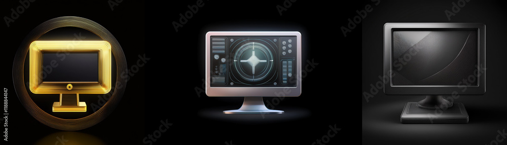 Fototapeta premium Three computer monitor icons; gold, silver, and black; displayed against a dark background. Each shows a different visual style.