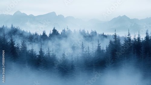 Misty mountain landscape, layered blue ridges, foggy forest silhouettes, ethereal atmosphere, tranquil nature scene, hazy horizon, morning mist, evergreen trees, peaceful wilderness, monochromatic col