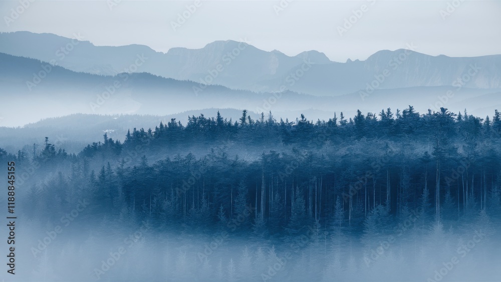 Fototapeta premium Misty mountain landscape, layered blue ridges, foggy forest silhouettes, ethereal atmosphere, tranquil nature scene, hazy horizon, morning mist, evergreen trees, peaceful wilderness, monochromatic col