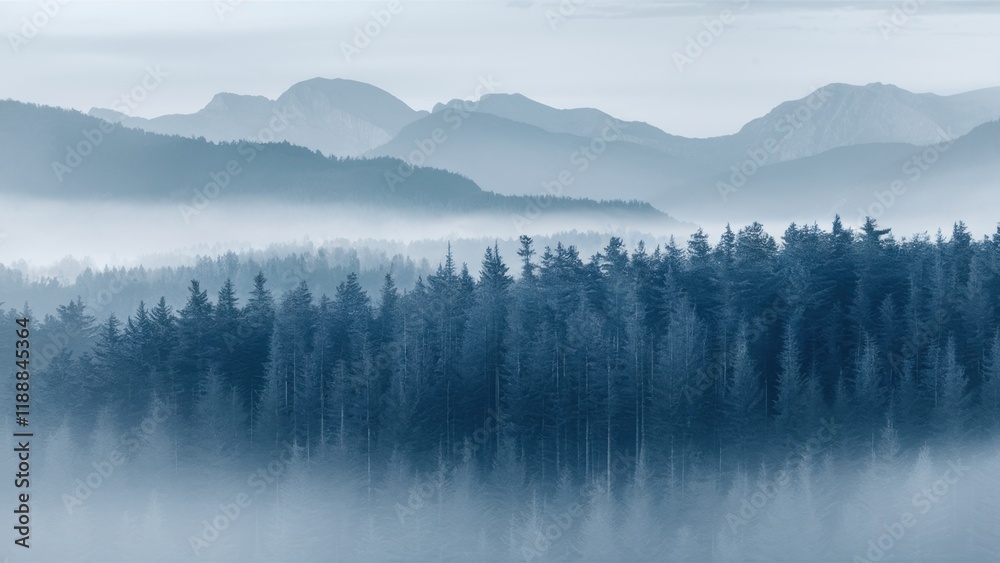 Fototapeta premium Misty mountain landscape, layered blue ridges, foggy forest silhouettes, ethereal atmosphere, tranquil nature scene, hazy horizon, morning mist, evergreen trees, peaceful wilderness, monochromatic col