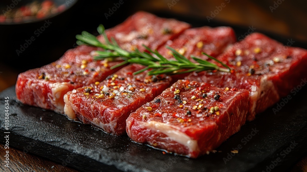 Close-up of seasoned raw beef steaks on a dark stone plate, garnished with rosemary. Close-up of seasoned raw beef steaks on a dark stone plate, garnished with rosemary.