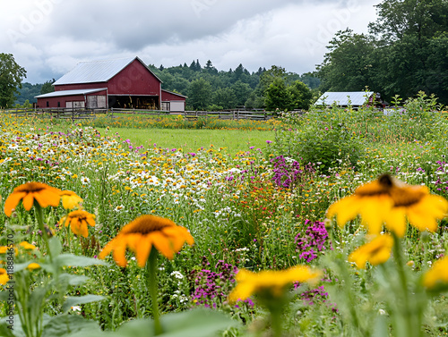Scenic farm landscape with wildflowers. Beautiful countryside views and wildflower fields. Picturesque rural scenery ideal for photography. Explore serene nature in a charming farm setting.